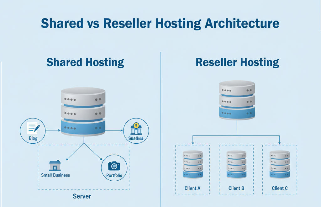 Shared vs Reseller Hosting Comparison Diagram